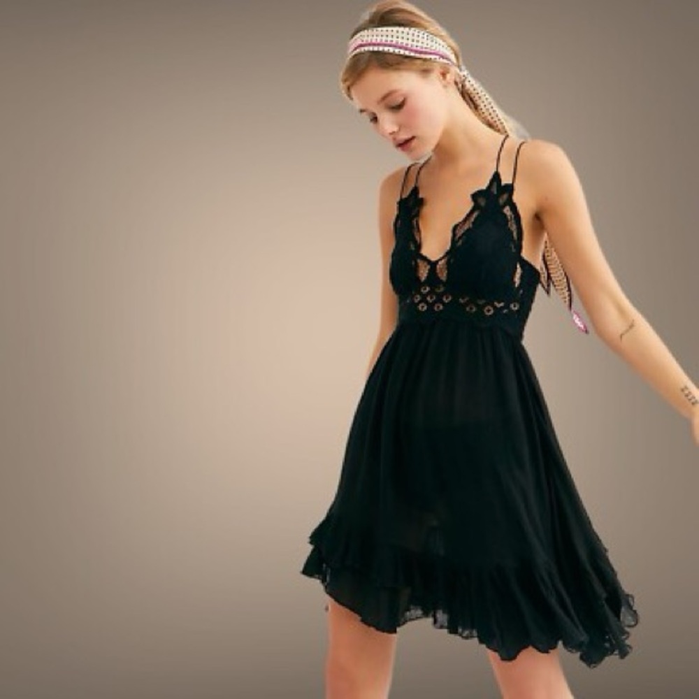 Free People Black Pleated Babydoll Mini Dress